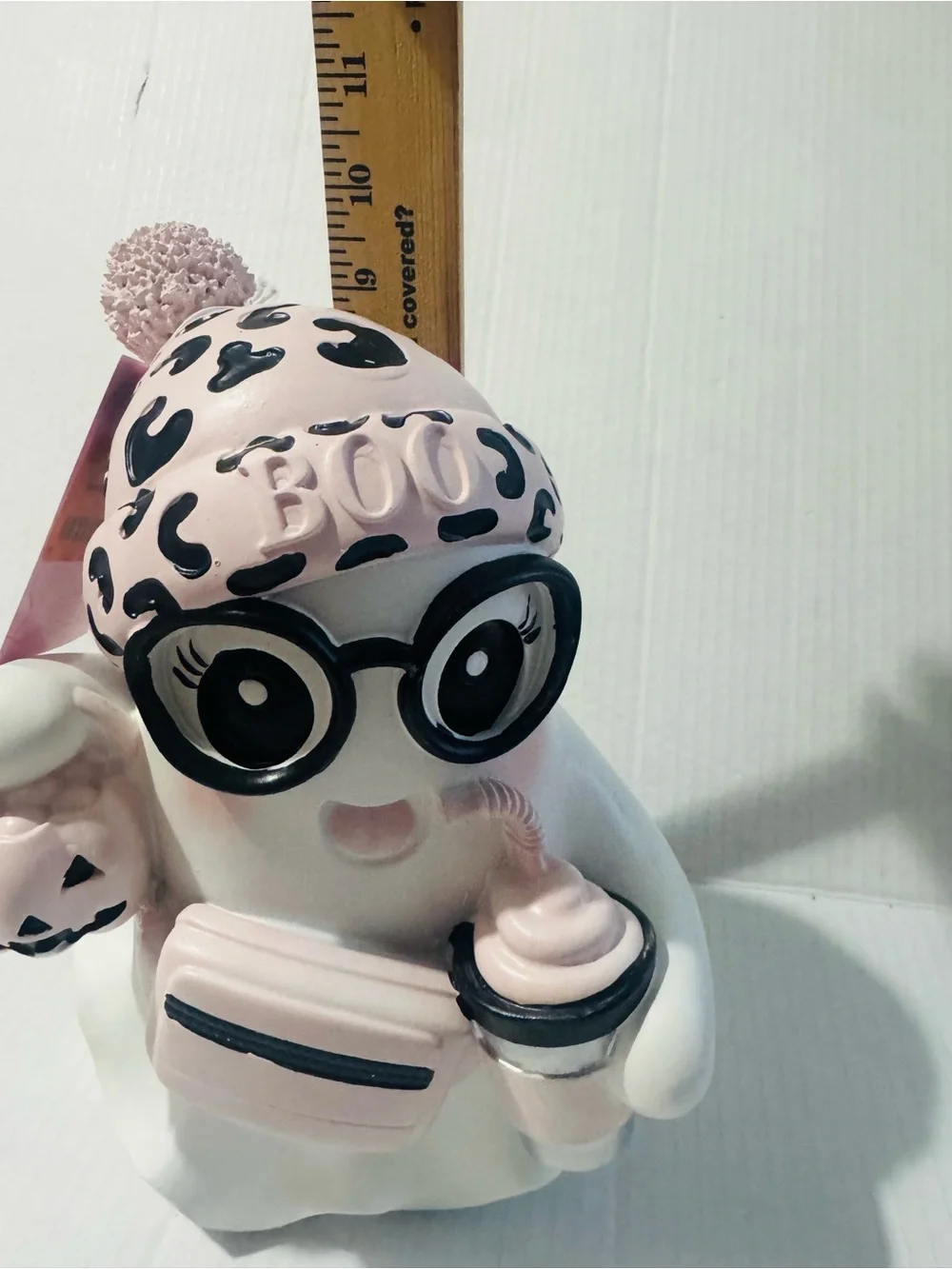 Ghost Halloween Decor with Leopard Beanie, Glasses, Pumpkin & Drink bnwt